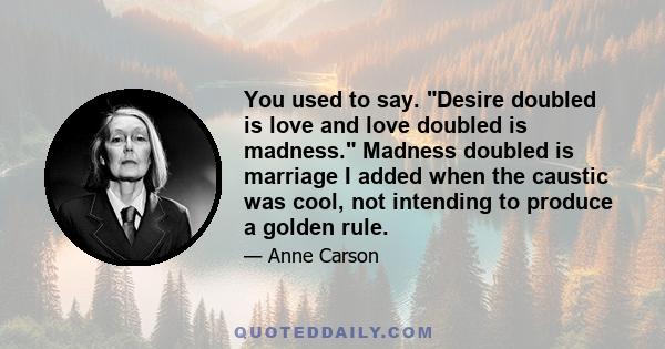 You used to say. Desire doubled is love and love doubled is madness. Madness doubled is marriage I added when the caustic was cool, not intending to produce a golden rule.