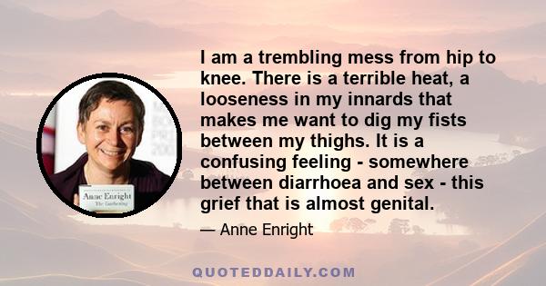 I am a trembling mess from hip to knee. There is a terrible heat, a looseness in my innards that makes me want to dig my fists between my thighs. It is a confusing feeling - somewhere between diarrhoea and sex - this