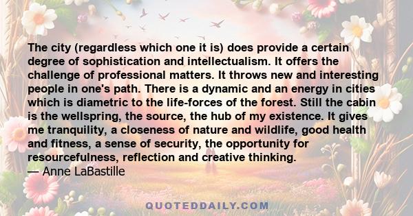 The city (regardless which one it is) does provide a certain degree of sophistication and intellectualism. It offers the challenge of professional matters. It throws new and interesting people in one's path. There is a