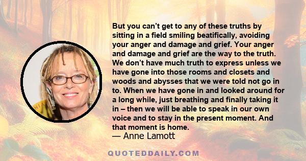 But you can’t get to any of these truths by sitting in a field smiling beatifically, avoiding your anger and damage and grief. Your anger and damage and grief are the way to the truth. We don’t have much truth to