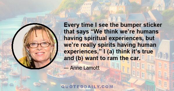 Every time I see the bumper sticker that says “We think we’re humans having spiritual experiences, but we’re really spirits having human experiences,” I (a) think it’s true and (b) want to ram the car.