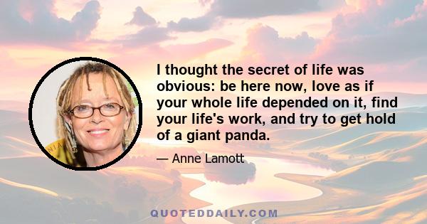 I thought the secret of life was obvious: be here now, love as if your whole life depended on it, find your life's work, and try to get hold of a giant panda.