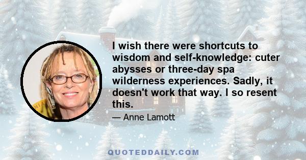 I wish there were shortcuts to wisdom and self-knowledge: cuter abysses or three-day spa wilderness experiences. Sadly, it doesn't work that way. I so resent this.