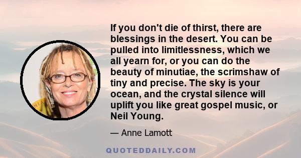 If you don't die of thirst, there are blessings in the desert. You can be pulled into limitlessness, which we all yearn for, or you can do the beauty of minutiae, the scrimshaw of tiny and precise. The sky is your