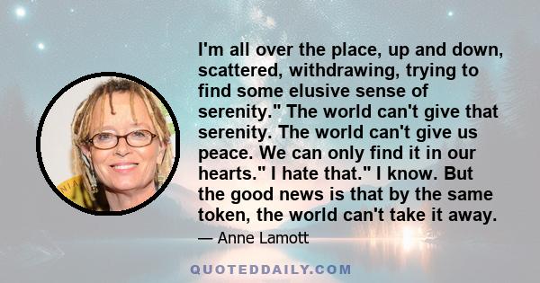 I'm all over the place, up and down, scattered, withdrawing, trying to find some elusive sense of serenity. The world can't give that serenity. The world can't give us peace. We can only find it in our hearts. I hate