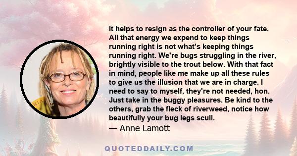 It helps to resign as the controller of your fate. All that energy we expend to keep things running right is not what's keeping things running right. We're bugs struggling in the river, brightly visible to the trout