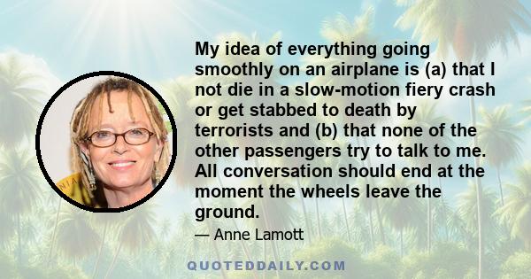 My idea of everything going smoothly on an airplane is (a) that I not die in a slow-motion fiery crash or get stabbed to death by terrorists and (b) that none of the other passengers try to talk to me. All conversation