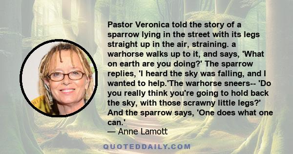 Pastor Veronica told the story of a sparrow lying in the street with its legs straight up in the air, straining. a warhorse walks up to it, and says, 'What on earth are you doing?' The sparrow replies, 'I heard the sky