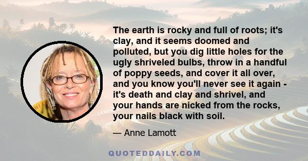 The earth is rocky and full of roots; it's clay, and it seems doomed and polluted, but you dig little holes for the ugly shriveled bulbs, throw in a handful of poppy seeds, and cover it all over, and you know you'll