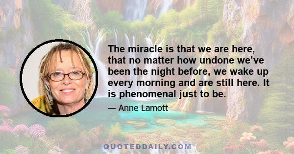 The miracle is that we are here, that no matter how undone we’ve been the night before, we wake up every morning and are still here. It is phenomenal just to be.