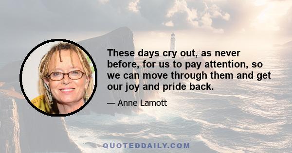 These days cry out, as never before, for us to pay attention, so we can move through them and get our joy and pride back.