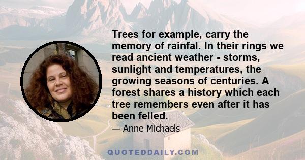 Trees for example, carry the memory of rainfal. In their rings we read ancient weather - storms, sunlight and temperatures, the growing seasons of centuries. A forest shares a history which each tree remembers even