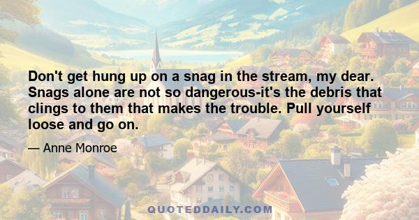 Don't get hung up on a snag in the stream, my dear. Snags alone are not so dangerous-it's the debris that clings to them that makes the trouble. Pull yourself loose and go on.