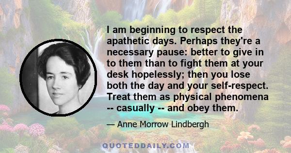 I am beginning to respect the apathetic days. Perhaps they're a necessary pause: better to give in to them than to fight them at your desk hopelessly; then you lose both the day and your self-respect. Treat them as