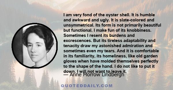 I am very fond of the oyster shell. It is humble and awkward and ugly. It is slate-colored and unsymmetrical. Its form is not primarily beautiful but functional. I make fun of its knobbiness. Sometimes I resent its