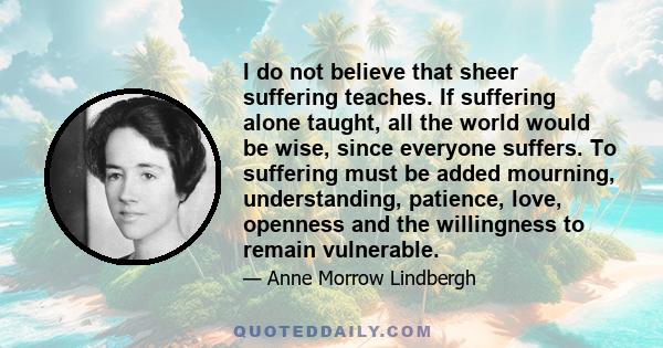 I do not believe that sheer suffering teaches. If suffering alone taught, all the world would be wise, since everyone suffers. To suffering must be added mourning, understanding, patience, love, openness and the