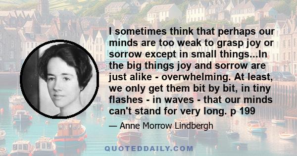 I sometimes think that perhaps our minds are too weak to grasp joy or sorrow except in small things...In the big things joy and sorrow are just alike - overwhelming. At least, we only get them bit by bit, in tiny