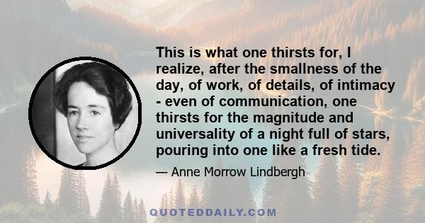 This is what one thirsts for, I realize, after the smallness of the day, of work, of details, of intimacy - even of communication, one thirsts for the magnitude and universality of a night full of stars, pouring into