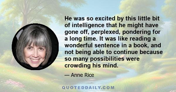 He was so excited by this little bit of intelligence that he might have gone off, perplexed, pondering for a long time. It was like reading a wonderful sentence in a book, and not being able to continue because so many