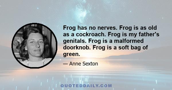 Frog has no nerves. Frog is as old as a cockroach. Frog is my father's genitals. Frog is a malformed doorknob. Frog is a soft bag of green.