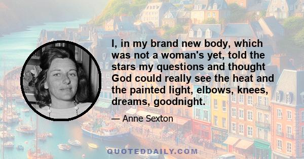 I, in my brand new body, which was not a woman's yet, told the stars my questions and thought God could really see the heat and the painted light, elbows, knees, dreams, goodnight.