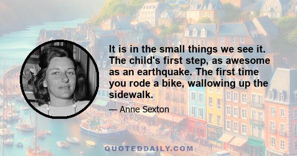 It is in the small things we see it. The child's first step, as awesome as an earthquake. The first time you rode a bike, wallowing up the sidewalk.