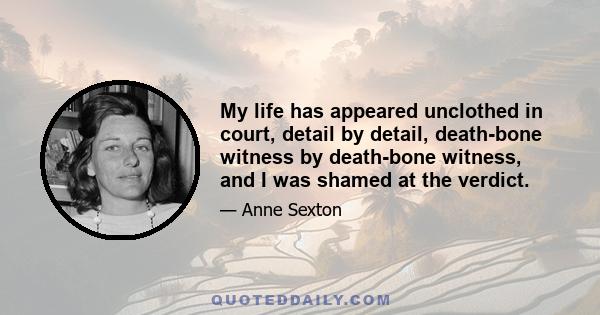 My life has appeared unclothed in court, detail by detail, death-bone witness by death-bone witness, and I was shamed at the verdict.