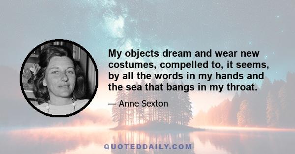 My objects dream and wear new costumes, compelled to, it seems, by all the words in my hands and the sea that bangs in my throat.