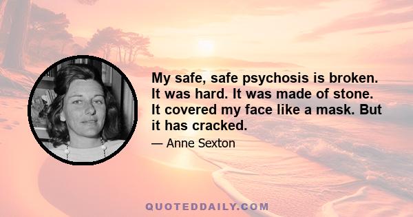 My safe, safe psychosis is broken. It was hard. It was made of stone. It covered my face like a mask. But it has cracked.