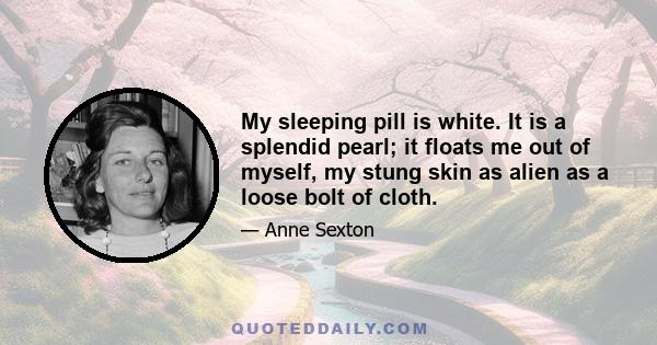 My sleeping pill is white. It is a splendid pearl; it floats me out of myself, my stung skin as alien as a loose bolt of cloth.