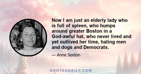 Now I am just an elderly lady who is full of spleen, who humps around greater Boston in a God-awful hat, who never lived and yet outlived her time, hating men and dogs and Democrats.