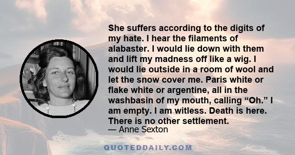 She suffers according to the digits of my hate. I hear the filaments of alabaster. I would lie down with them and lift my madness off like a wig. I would lie outside in a room of wool and let the snow cover me. Paris