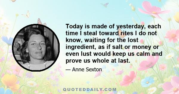 Today is made of yesterday, each time I steal toward rites I do not know, waiting for the lost ingredient, as if salt or money or even lust would keep us calm and prove us whole at last.