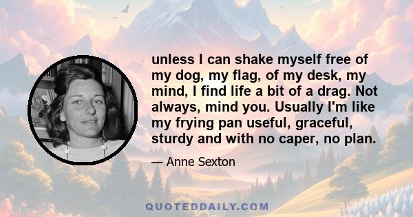 unless I can shake myself free of my dog, my flag, of my desk, my mind, I find life a bit of a drag. Not always, mind you. Usually I'm like my frying pan useful, graceful, sturdy and with no caper, no plan.