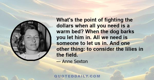 What's the point of fighting the dollars when all you need is a warm bed? When the dog barks you let him in. All we need is someone to let us in. And one other thing: to consider the lilies in the field.