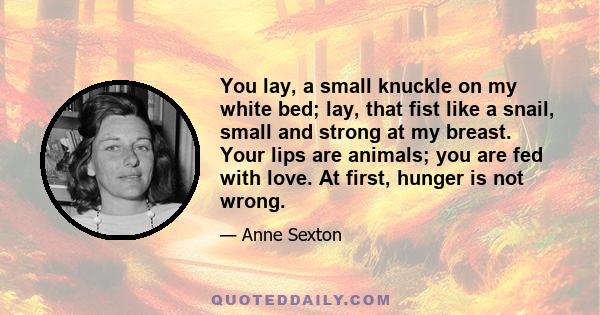 You lay, a small knuckle on my white bed; lay, that fist like a snail, small and strong at my breast. Your lips are animals; you are fed with love. At first, hunger is not wrong.