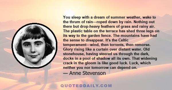 You sleep with a dream of summer weather, wake to the thrum of rain—roped down by rain. Nothing out there but drop-heavy feathers of grass and rainy air. The plastic table on the terrace has shed three legs on its way