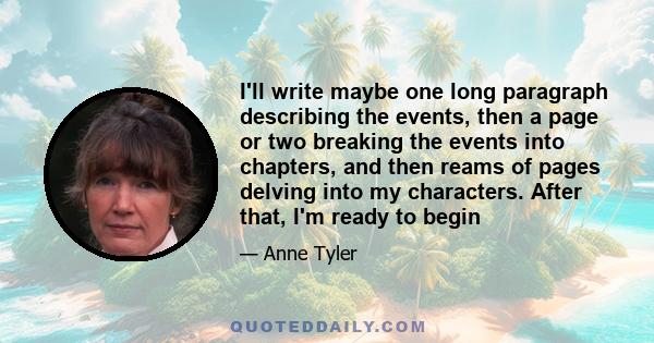 I'll write maybe one long paragraph describing the events, then a page or two breaking the events into chapters, and then reams of pages delving into my characters. After that, I'm ready to begin