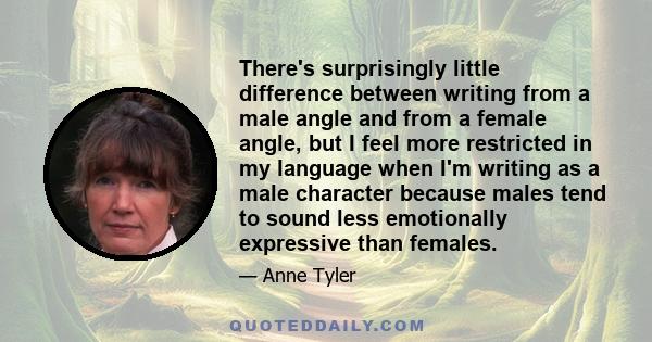 There's surprisingly little difference between writing from a male angle and from a female angle, but I feel more restricted in my language when I'm writing as a male character because males tend to sound less