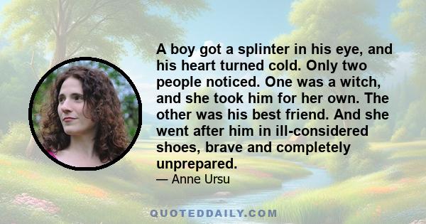 A boy got a splinter in his eye, and his heart turned cold. Only two people noticed. One was a witch, and she took him for her own. The other was his best friend. And she went after him in ill-considered shoes, brave