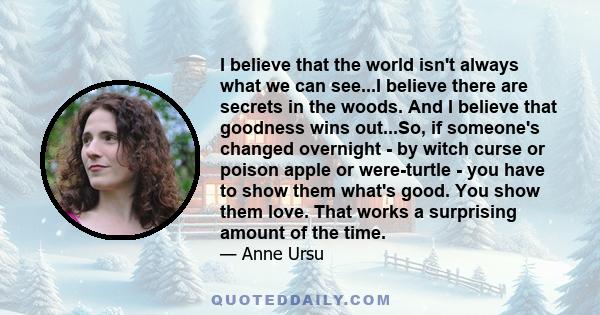 I believe that the world isn't always what we can see...I believe there are secrets in the woods. And I believe that goodness wins out...So, if someone's changed overnight - by witch curse or poison apple or were-turtle 