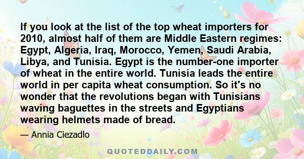 If you look at the list of the top wheat importers for 2010, almost half of them are Middle Eastern regimes: Egypt, Algeria, Iraq, Morocco, Yemen, Saudi Arabia, Libya, and Tunisia. Egypt is the number-one importer of