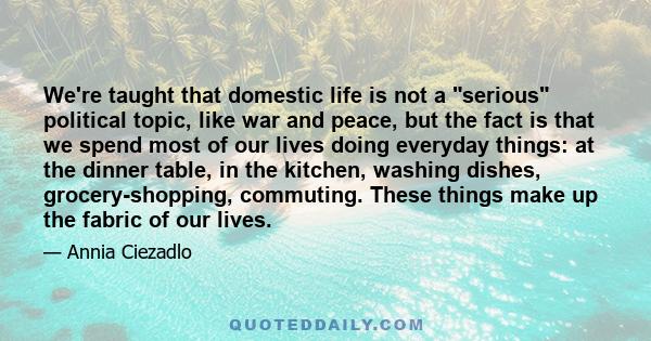 We're taught that domestic life is not a serious political topic, like war and peace, but the fact is that we spend most of our lives doing everyday things: at the dinner table, in the kitchen, washing dishes,