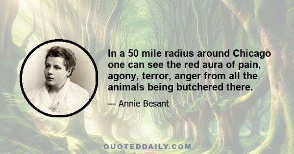 In a 50 mile radius around Chicago one can see the red aura of pain, agony, terror, anger from all the animals being butchered there.