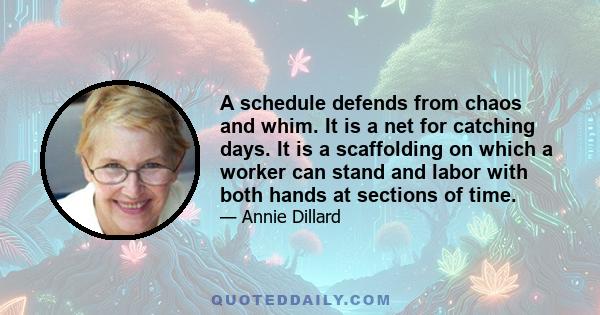 A schedule defends from chaos and whim. It is a net for catching days. It is a scaffolding on which a worker can stand and labor with both hands at sections of time.