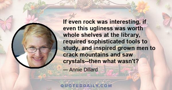 If even rock was interesting, if even this ugliness was worth whole shelves at the library, required sophisticated tools to study, and inspired grown men to crack mountains and saw crystals--then what wasn't?