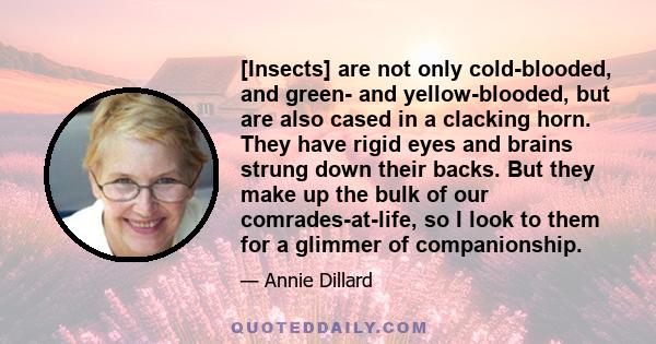 [Insects] are not only cold-blooded, and green- and yellow-blooded, but are also cased in a clacking horn. They have rigid eyes and brains strung down their backs. But they make up the bulk of our comrades-at-life, so I 