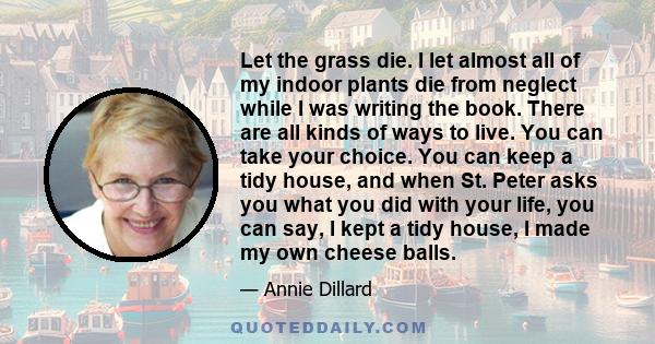 Let the grass die. I let almost all of my indoor plants die from neglect while I was writing the book. There are all kinds of ways to live. You can take your choice. You can keep a tidy house, and when St. Peter asks