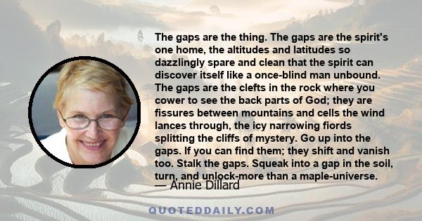 The gaps are the thing. The gaps are the spirit's one home, the altitudes and latitudes so dazzlingly spare and clean that the spirit can discover itself like a once-blind man unbound. The gaps are the clefts in the