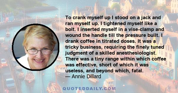 To crank myself up I stood on a jack and ran myself up. I tightened myself like a bolt. I inserted myself in a vise-clamp and wound the handle till the pressure built. I drank coffee in titrated doses. It was a tricky